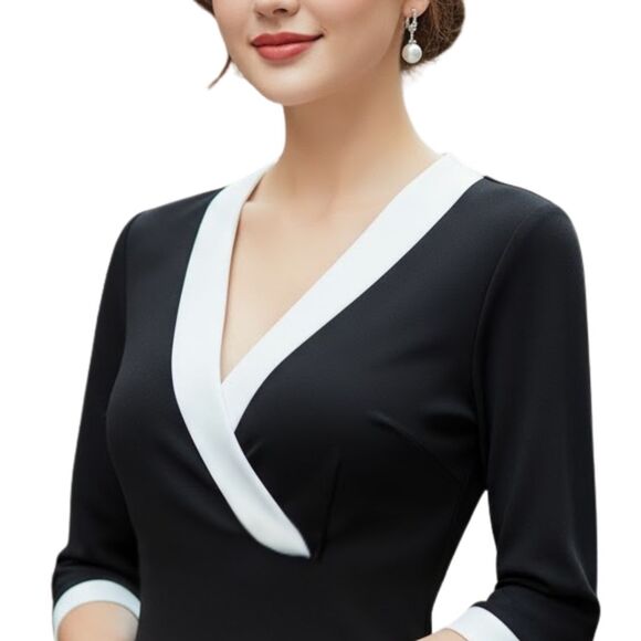 Boston Proper Black White A-Line Dress Size 8 Career Office V-Neck 3/4 Sleeve - Picture 8 of 8